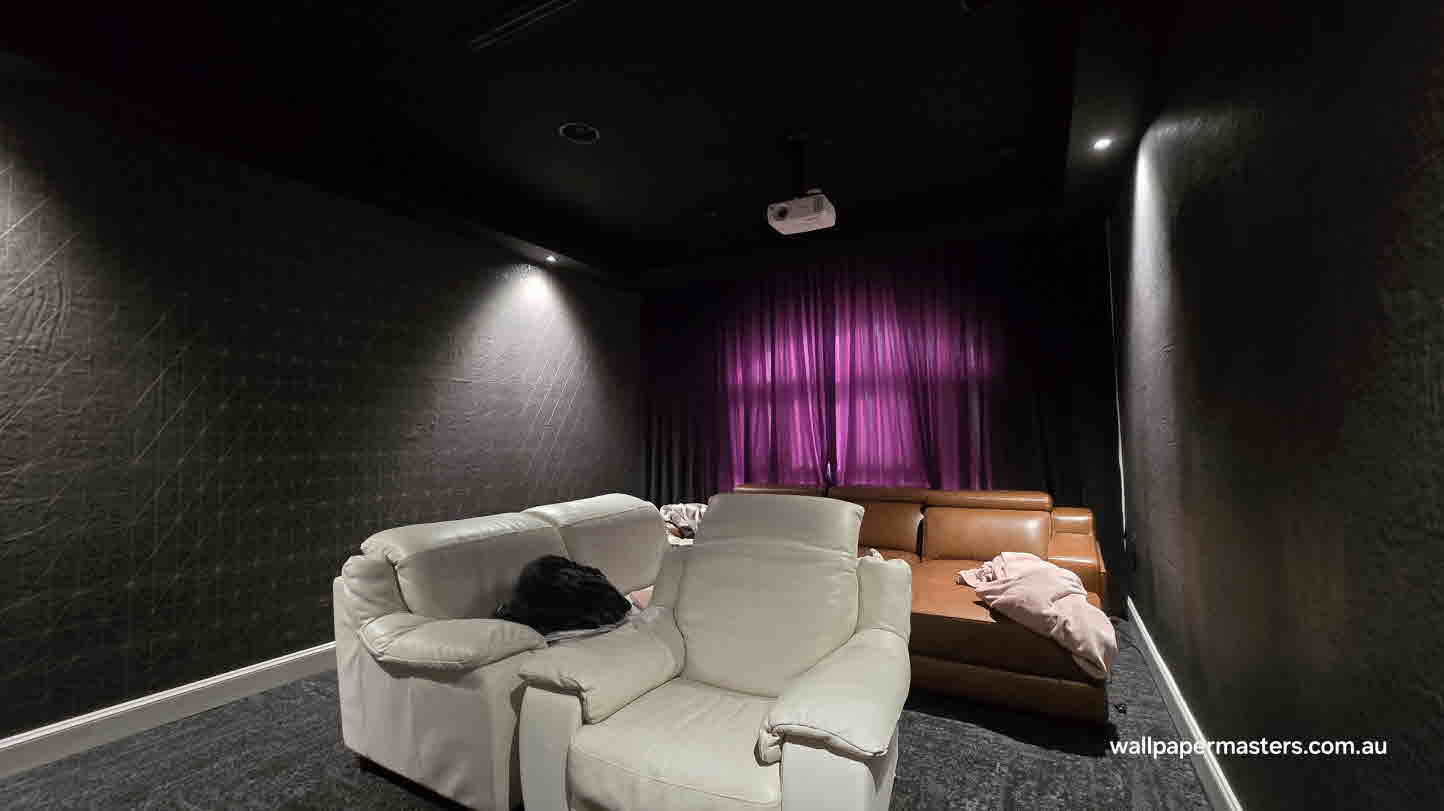 Cinema room wallpaper feature wall installed by Wallpaper Masters Sydney