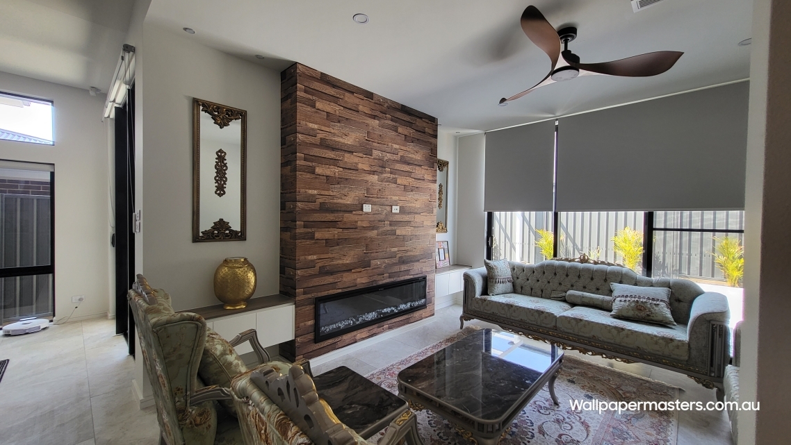 Fireplace feature wall wallpaper installed by Wallpaper Masters Sydney