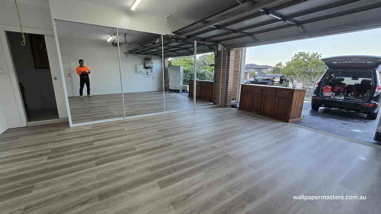 Garage flooring and wallpaper installed by Wallpaper Masters Sydney