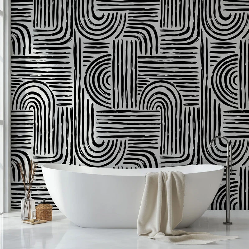 Black and cream graphic wallpaper in a bathroom setting