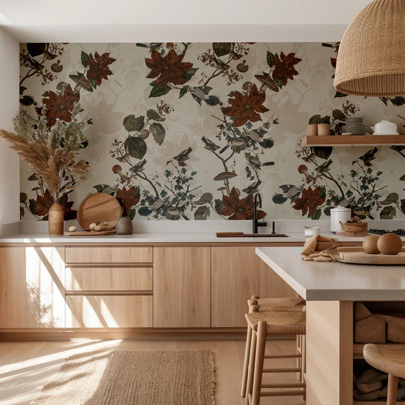 Botanical wallpaper across a styled kitchen wall