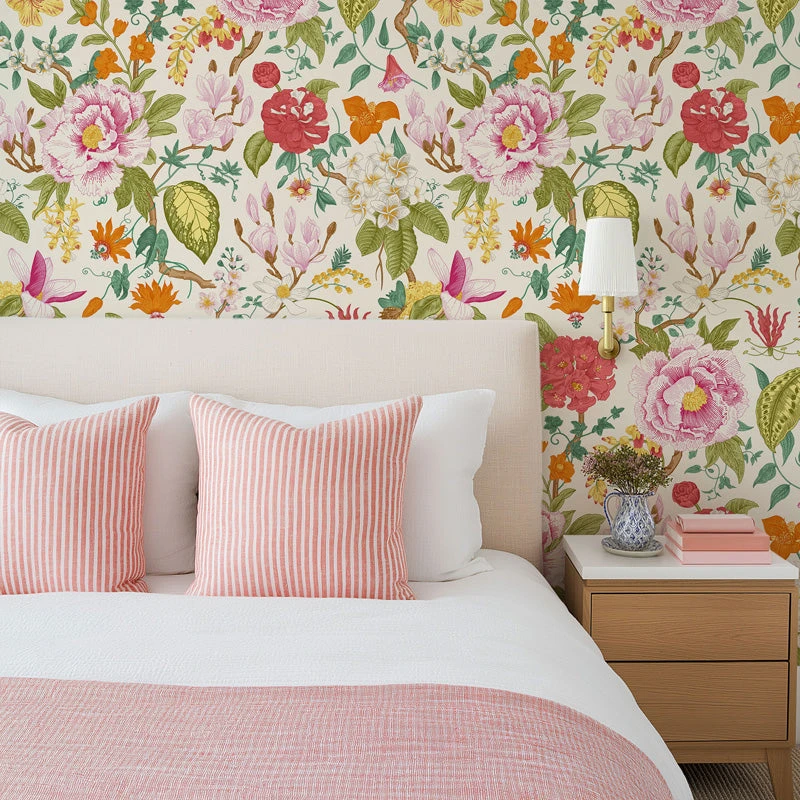 Floral wallpaper in a styled bedroom