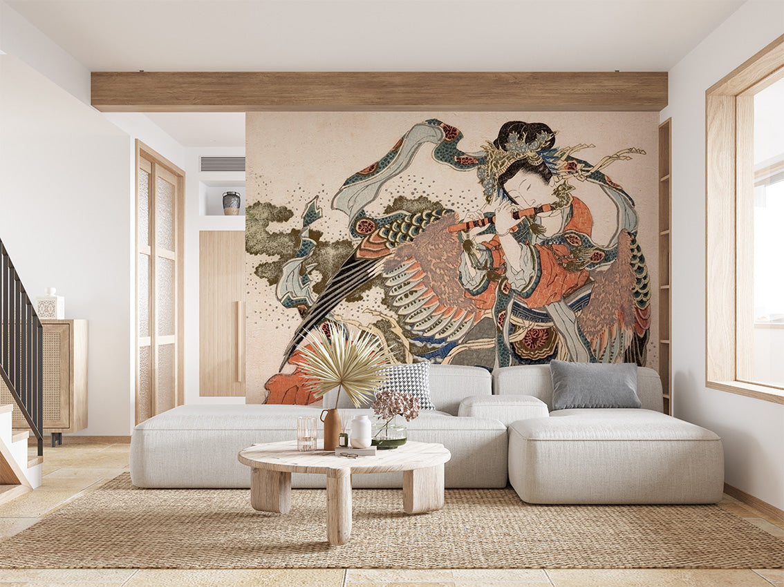 Asian Angel Japanese chinoiserie wallpaper mural in a modern living room