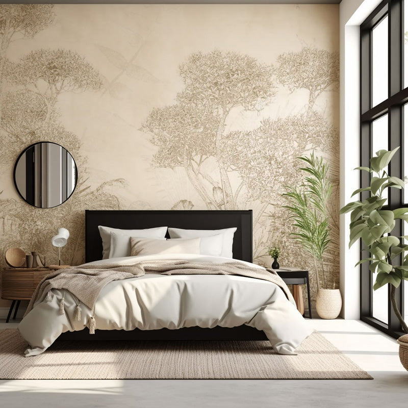 Soft white botanical wallpaper in a bedroom