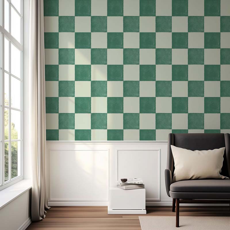 Green and white checked wallpaper
