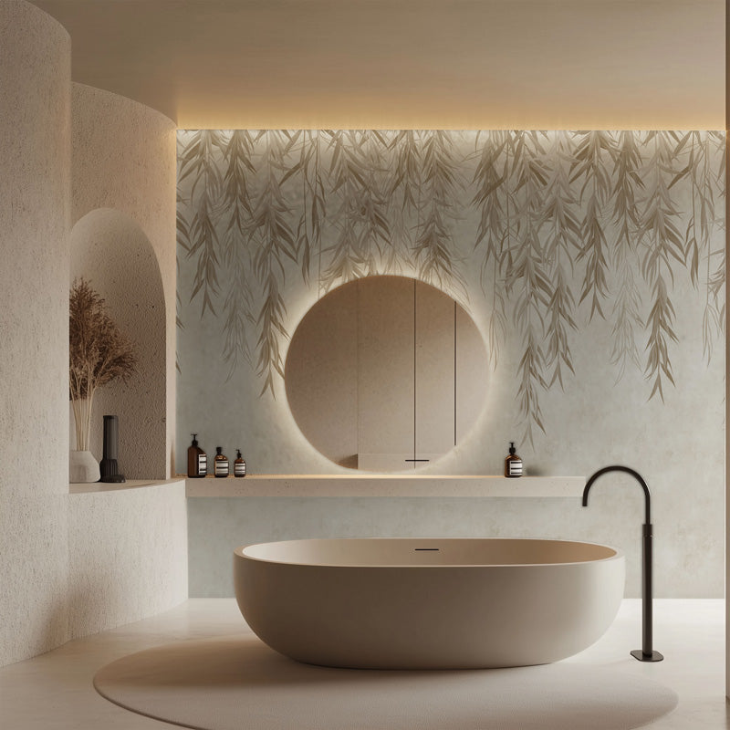 Falling Willow Veil botanical mural in a spa bathroom
