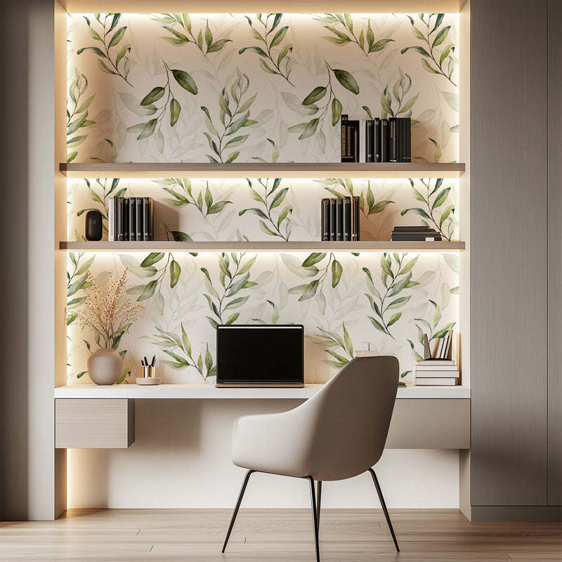 Watercolour leaf branch wallpaper in a home office