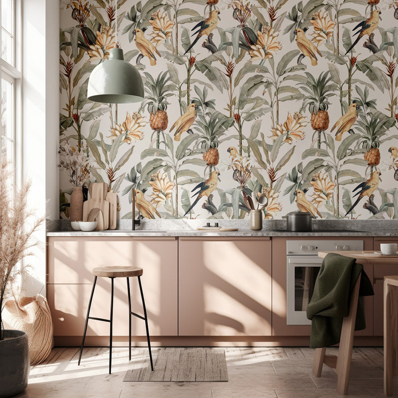 Golden Tropics botanical parrot wallpaper in a kitchen
