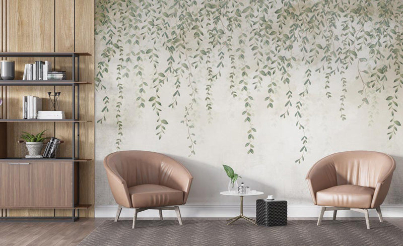 Hanging greenery soft botanical vine mural in a living room