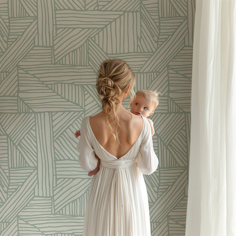 Nordic Linework geometric wallpaper in black and sage