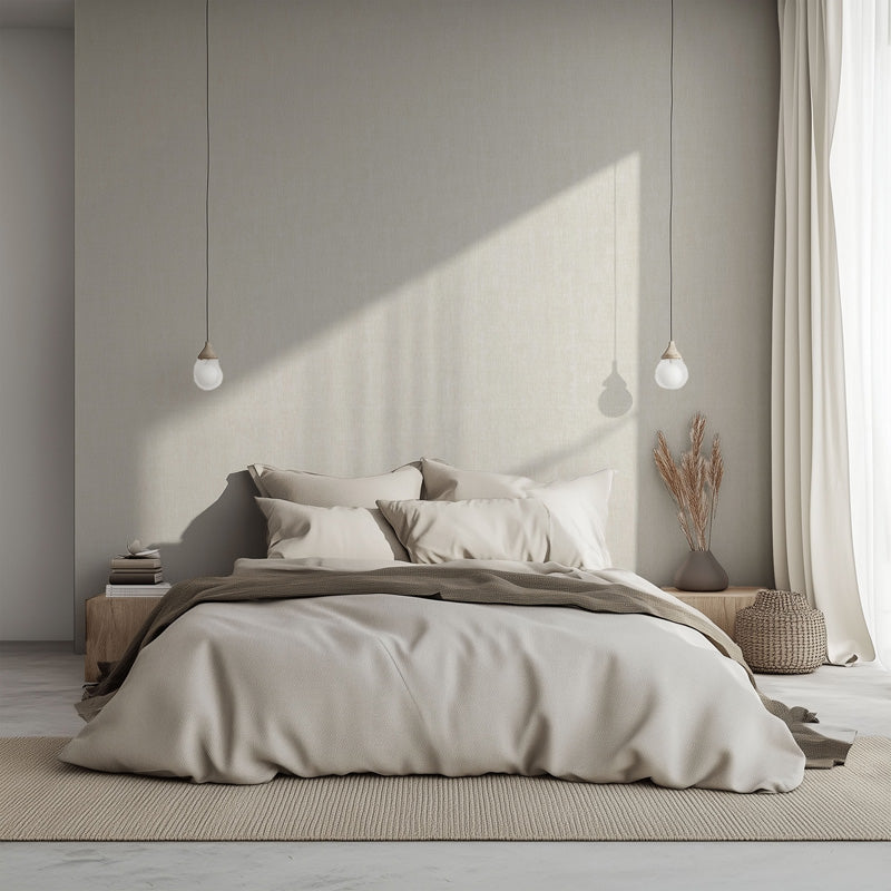 Soft linen textured wallpaper in beige bedroom