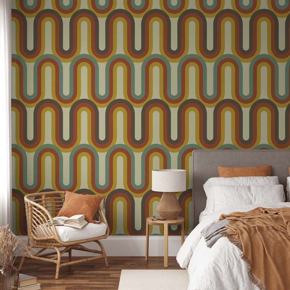 Colourful wavy pattern wallpaper in a bedroom
