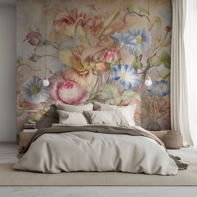 Complete bedroom after virtual floral wallpaper try-on