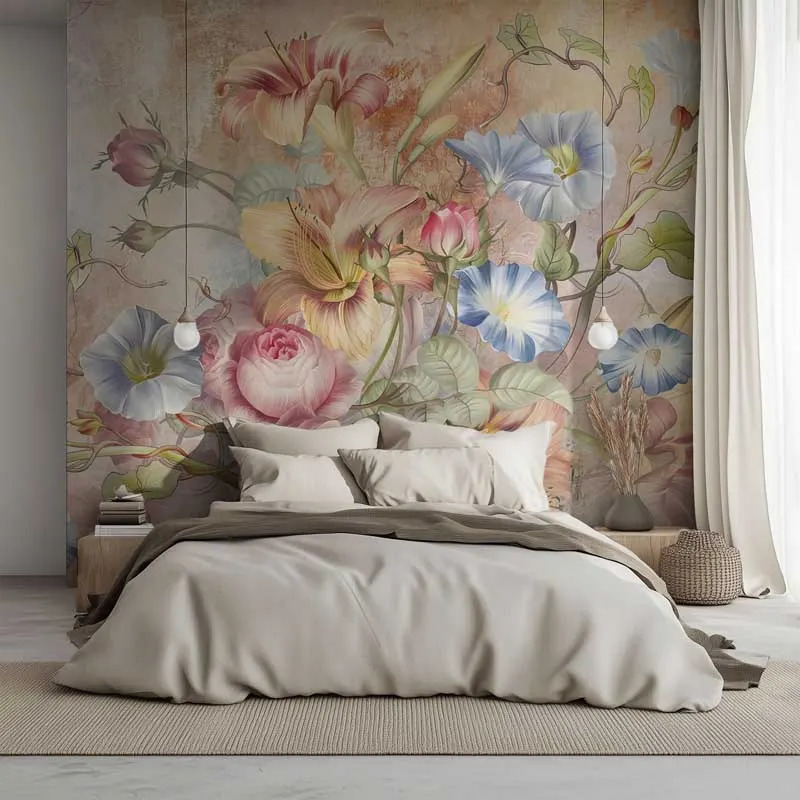 The same bedroom transformed with floral wallpaper in an illustrative AI preview