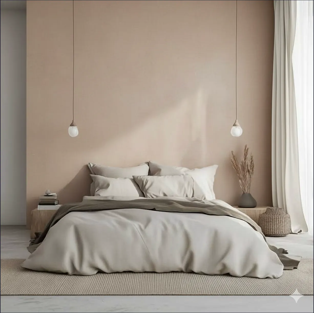 Full bedroom with plain neutral walls before wallpaper