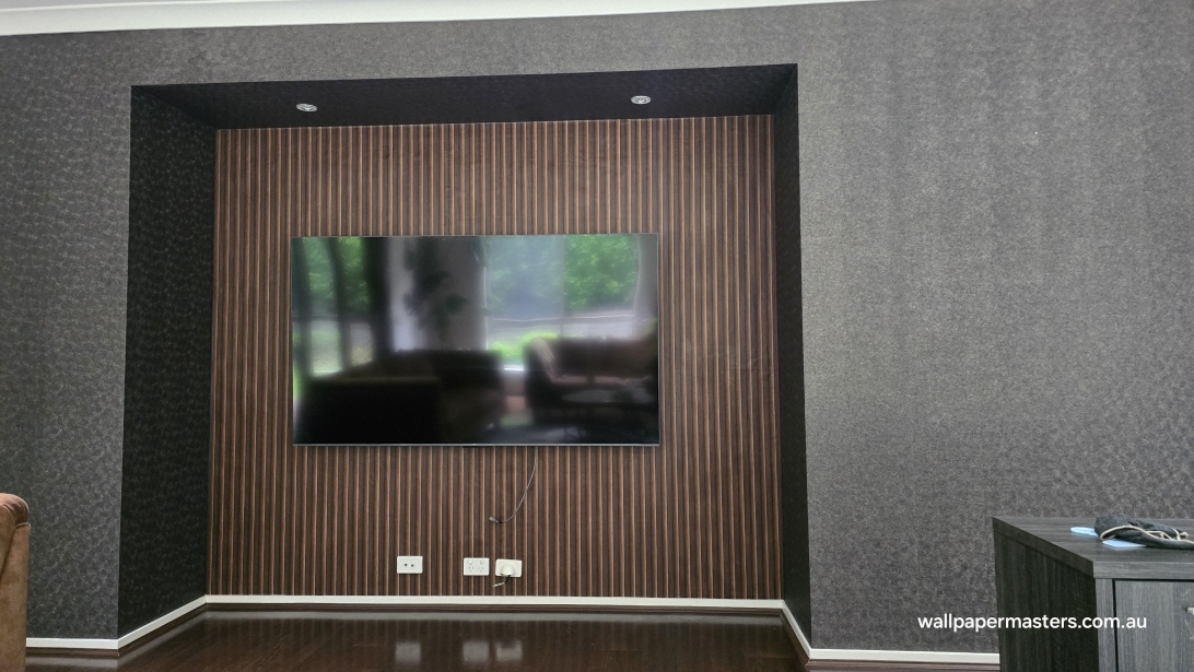 TV back wall wallpaper feature wall installed by Wallpaper Masters Sydney
